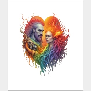 Elder Gods' Radiance - Married Deities in Rainbow Flames Posters and Art